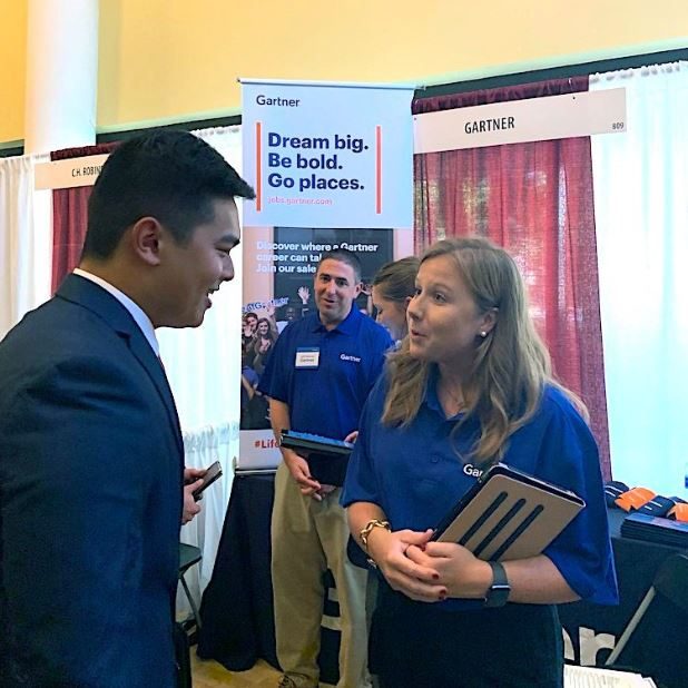 Marketing students interview during the Sales Industry Day job fair. The Marketing Department's Professional Sales Program boasts a 100% job placement rate.